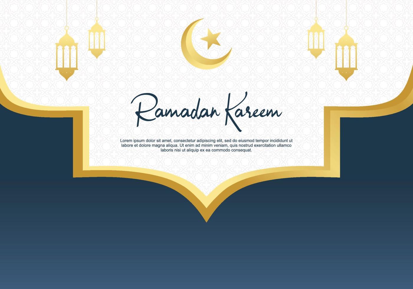 Ramadan kareem greeting card with islamic moon, star and lanterns vector