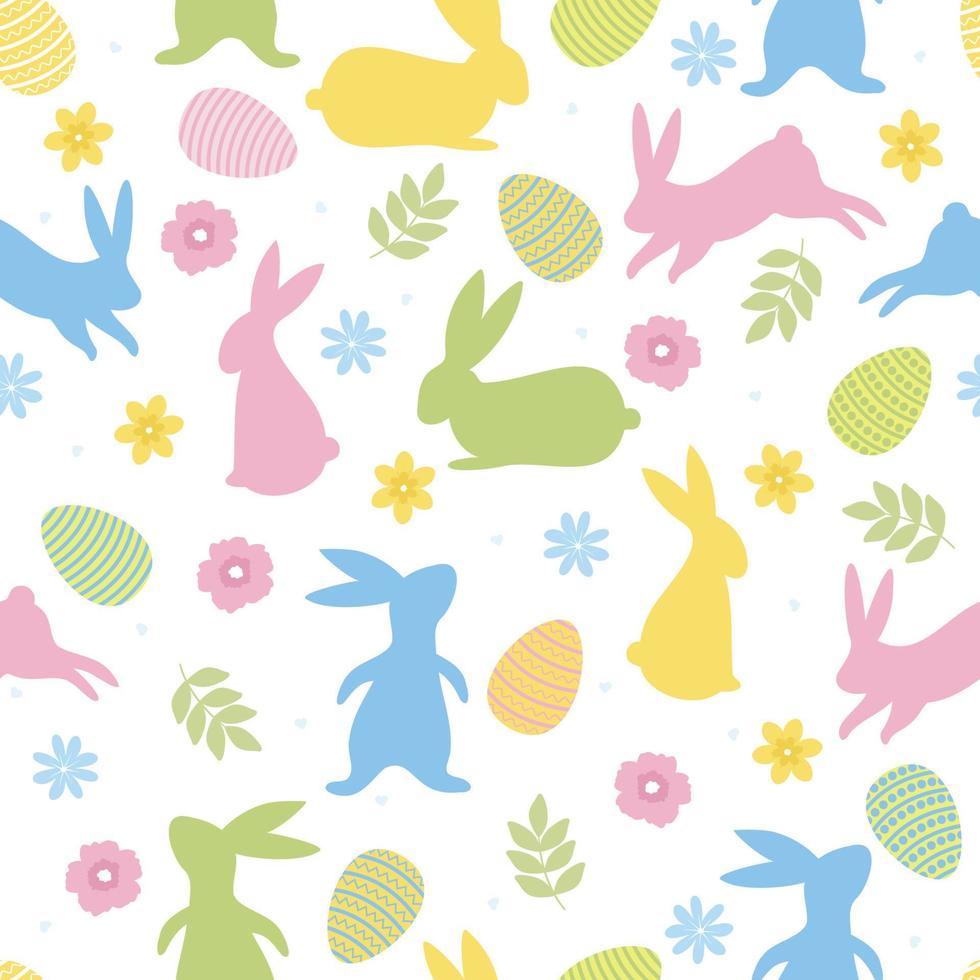 Easter seamless pattern. Colorful rabbits, flowers and leaves on a white background. vector