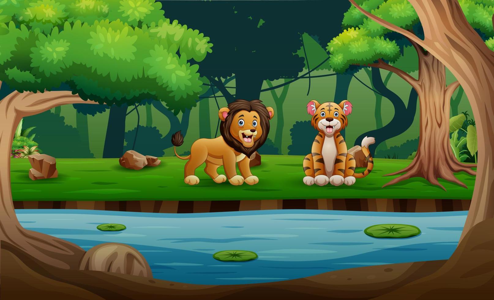 Cute a tiger and lion enjoying by the river vector