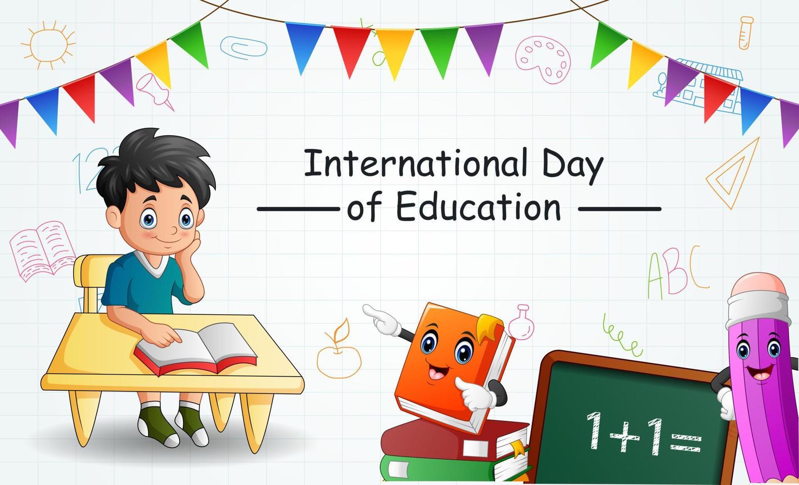 International Education Day with smart boy learning vector