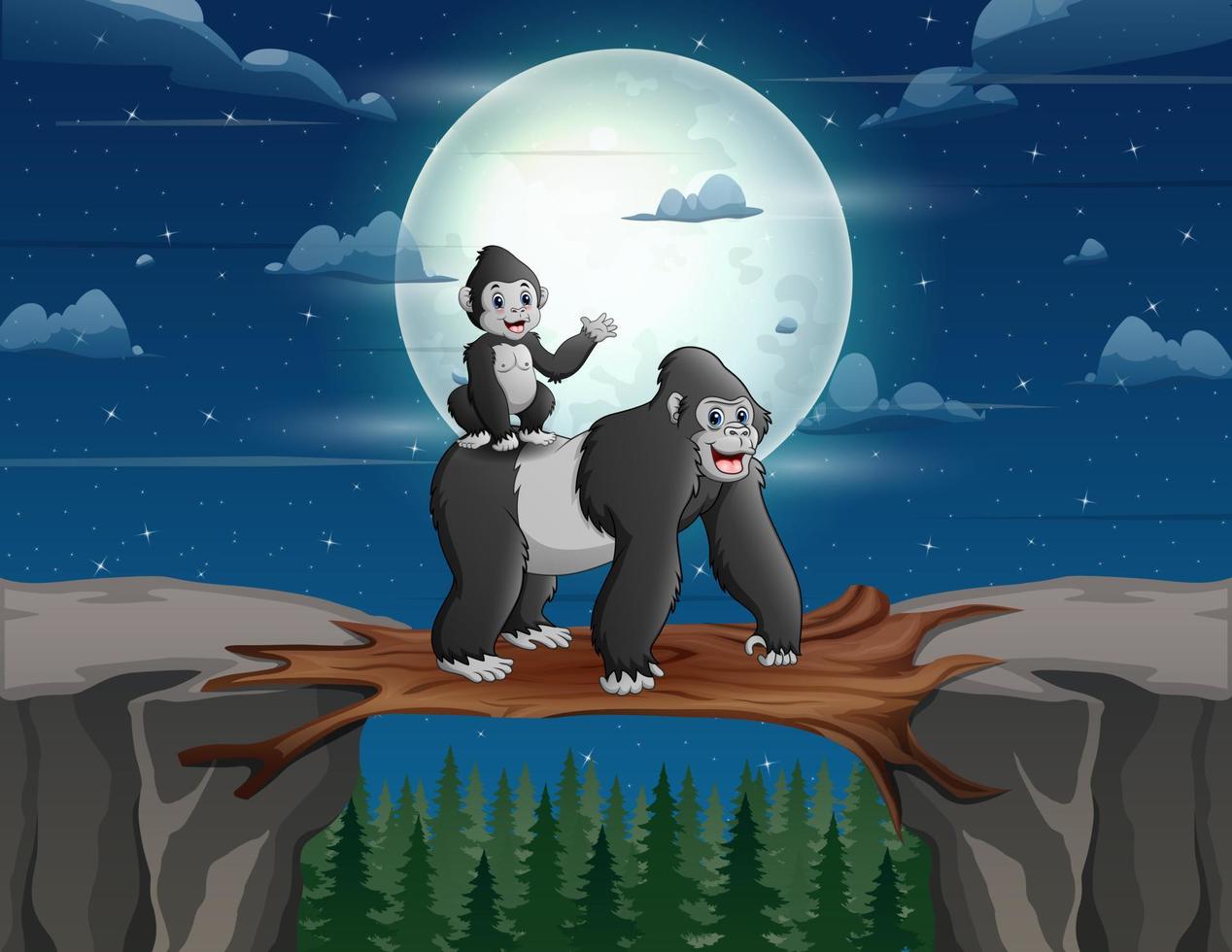 Cartoon a gorilla with cubs crossing a wooden bridge over a cliff vector
