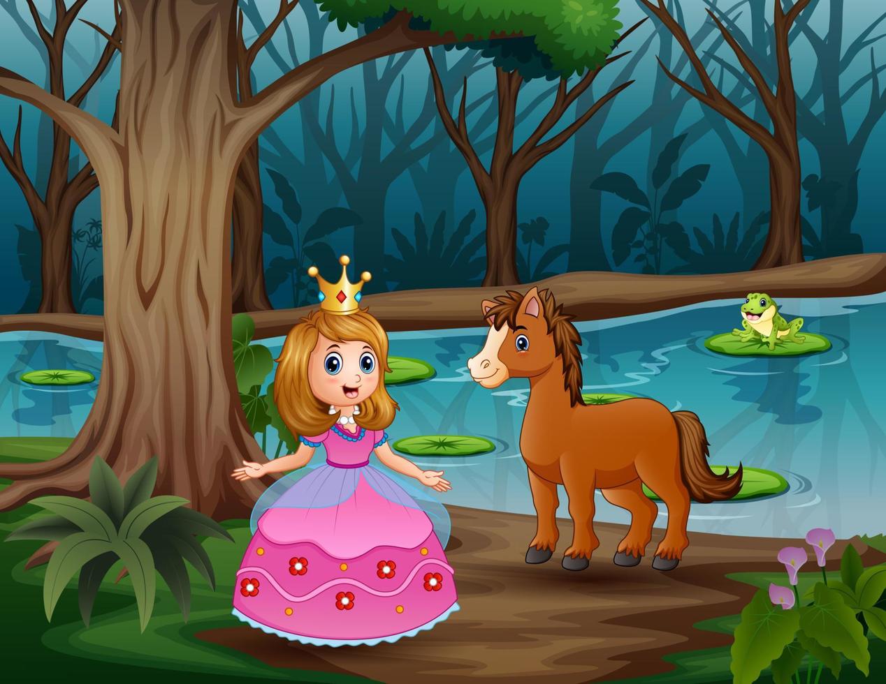 Beautiful princess and a horse in the jungle vector