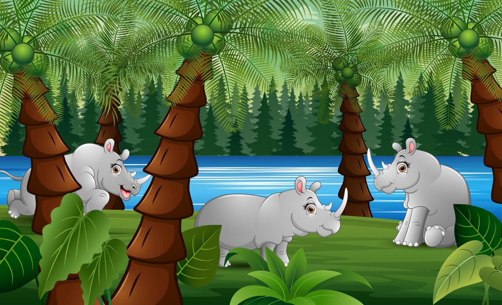 dibujos animados de rinocerontes están jugando en una jungla de palmeras vector