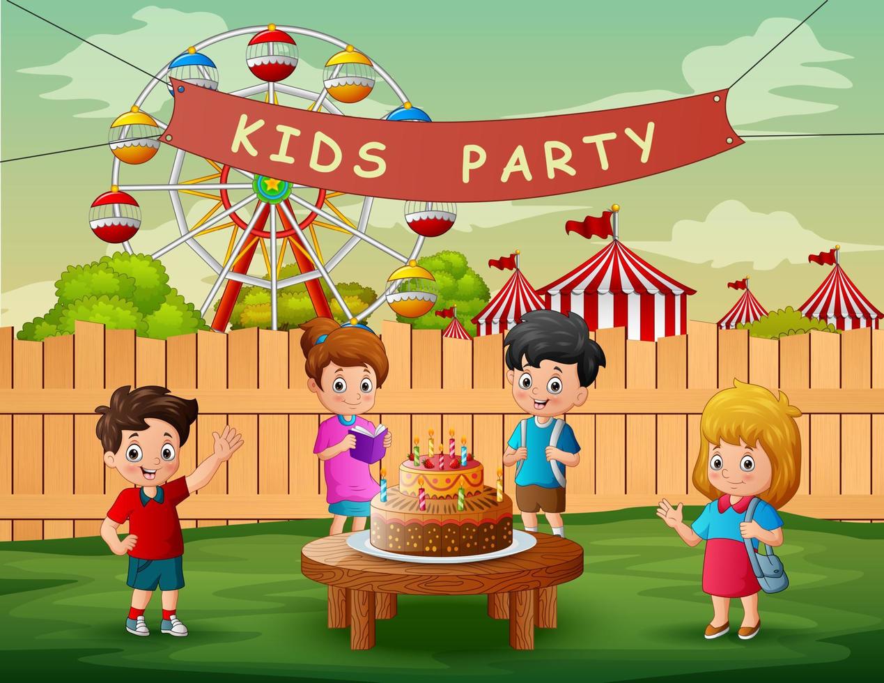 Kids party in the yard with many happy children and big cake vector