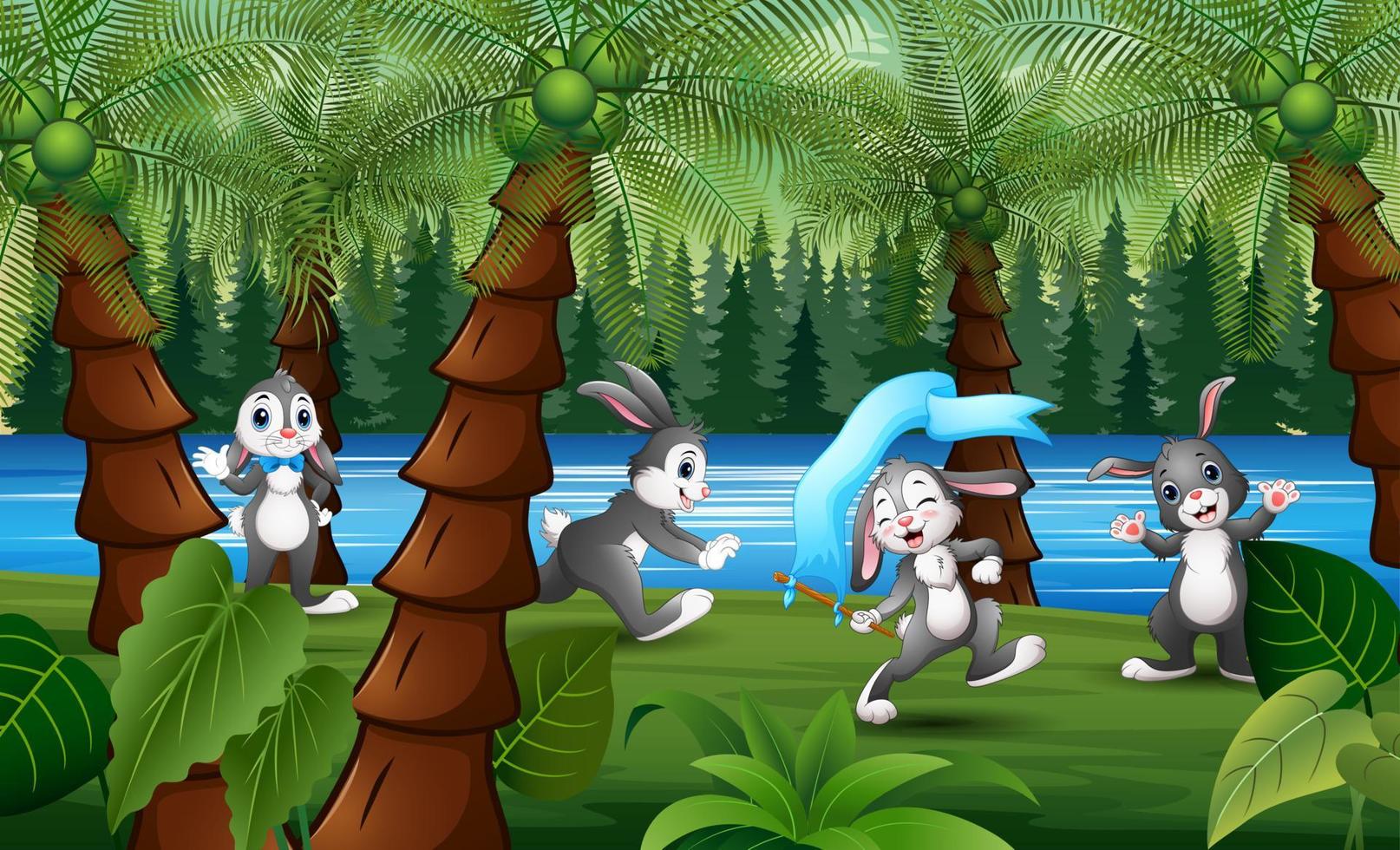 Happy bunnies cartoon playing in a forest vector