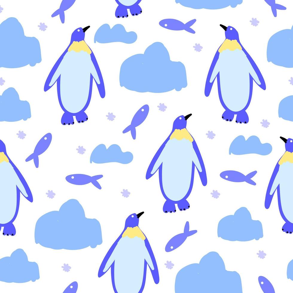 patrón sin costuras de lindos pingüinos, pescado en poste sobre fondo blanco. vector