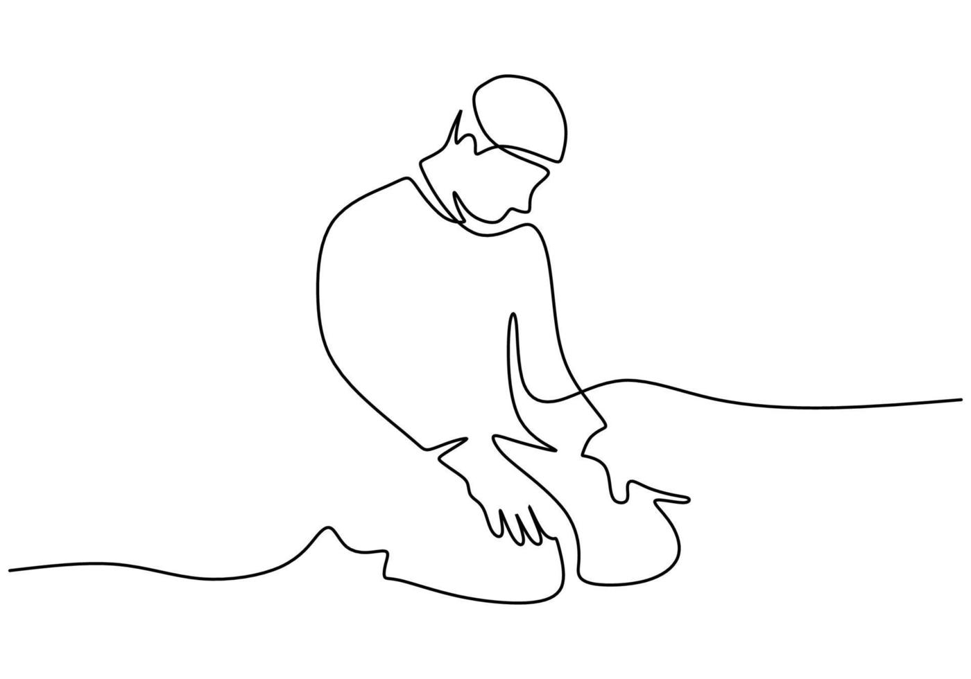 One continuous single line of man pray sitting on white background. vector