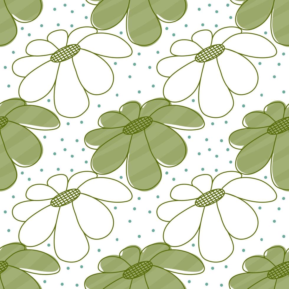 Seamless with green floral pattern. Hand drawn vector lines. Fabric pattern, wrapping paper. Decorative pattern.