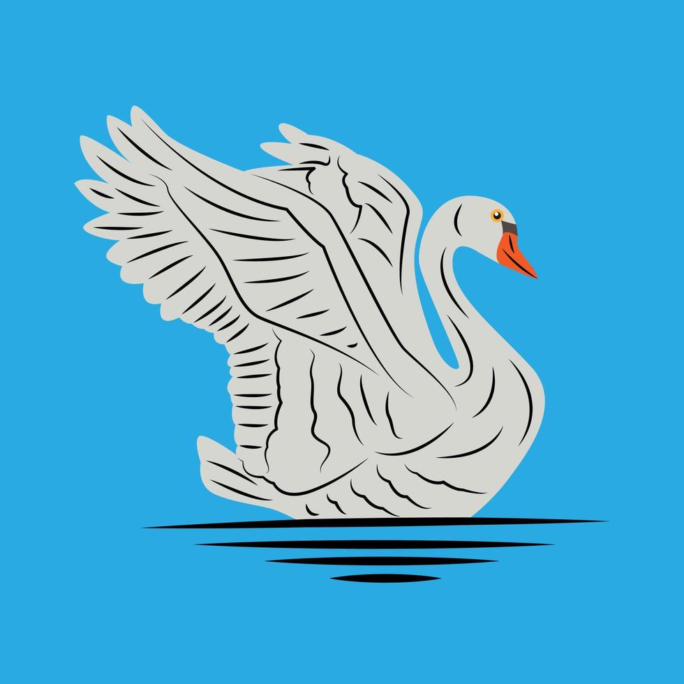 vector con estilo de arte lineal de un cisne nadando y batiendo sus alas