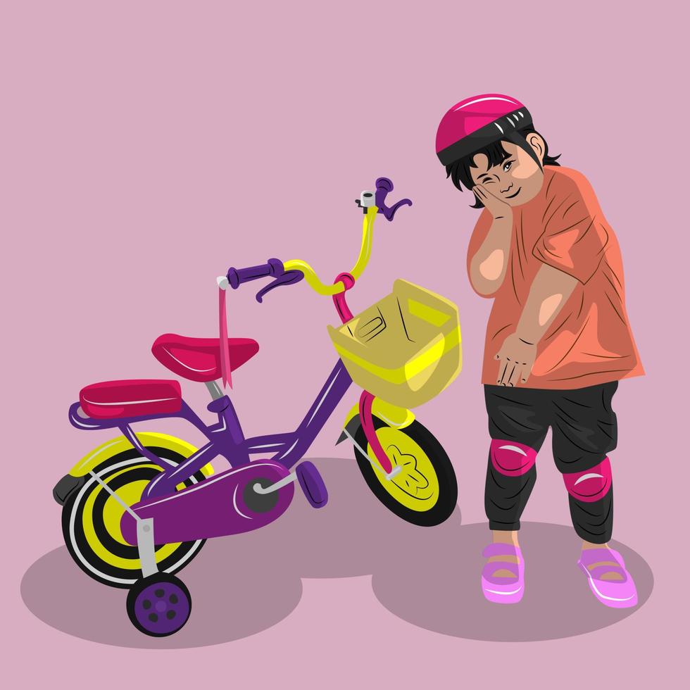 vector little girl posing with her bicycle