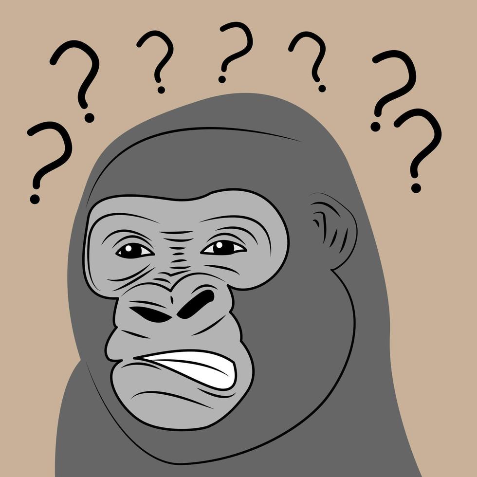 angry and confused face gorilla head vector with lots of question marks