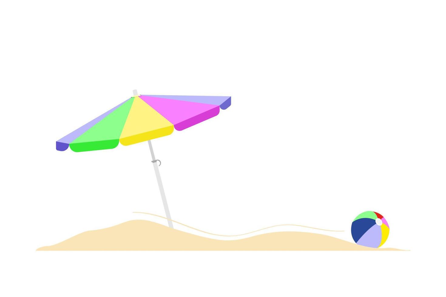 Colorful beach umbrella on sandy beach and ball isolated on white background. Copy space. vector illustration