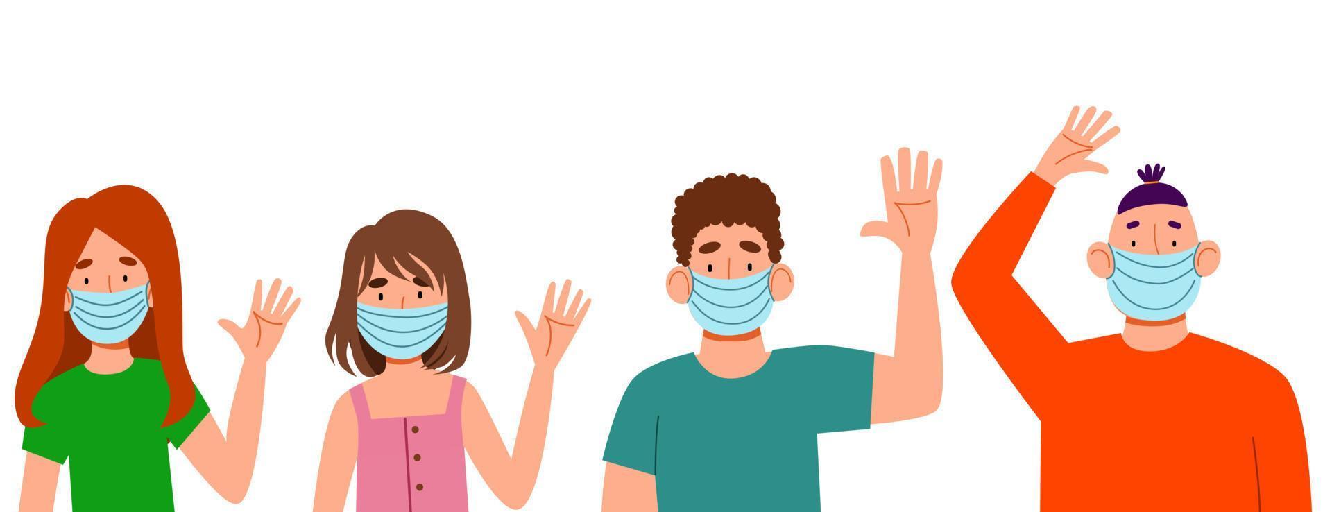 Fashionable men and women in medical masks say hello. A set of flat vector illustrations with a gesture of greeting people.