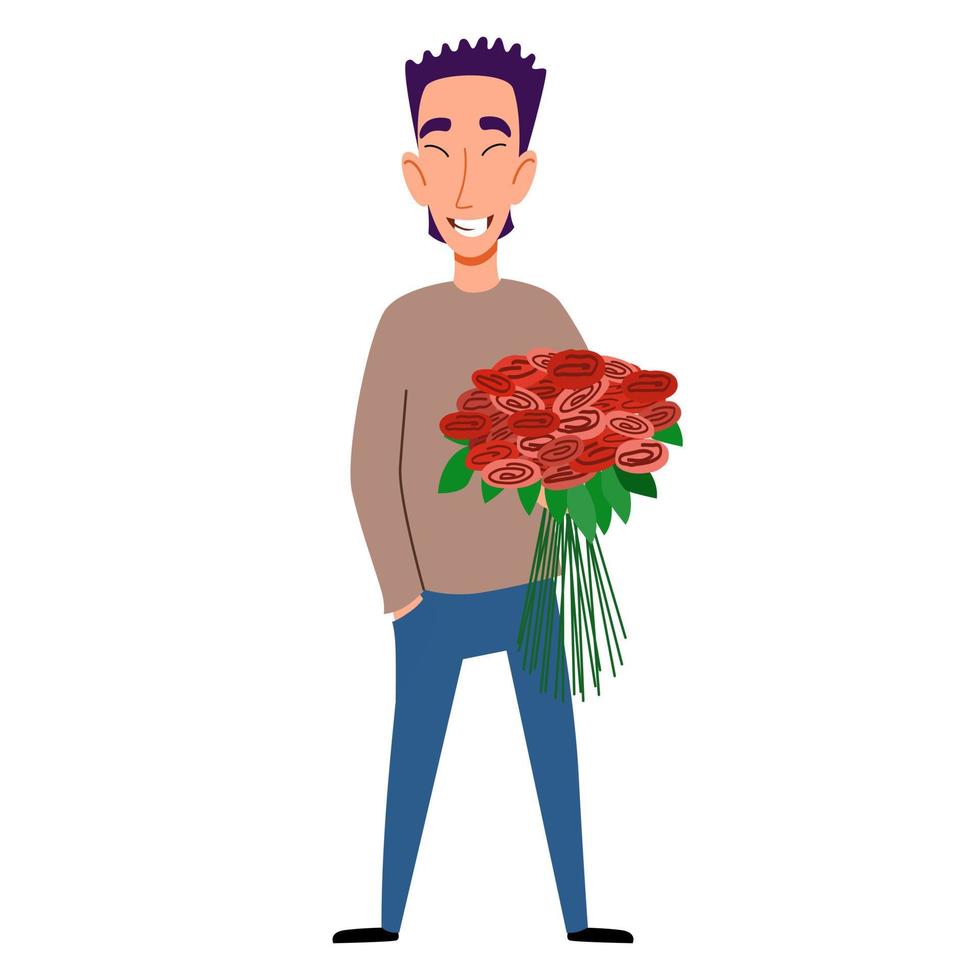 an Asian man with flowers in his hand. Vector illustration in a flat cartoon style.