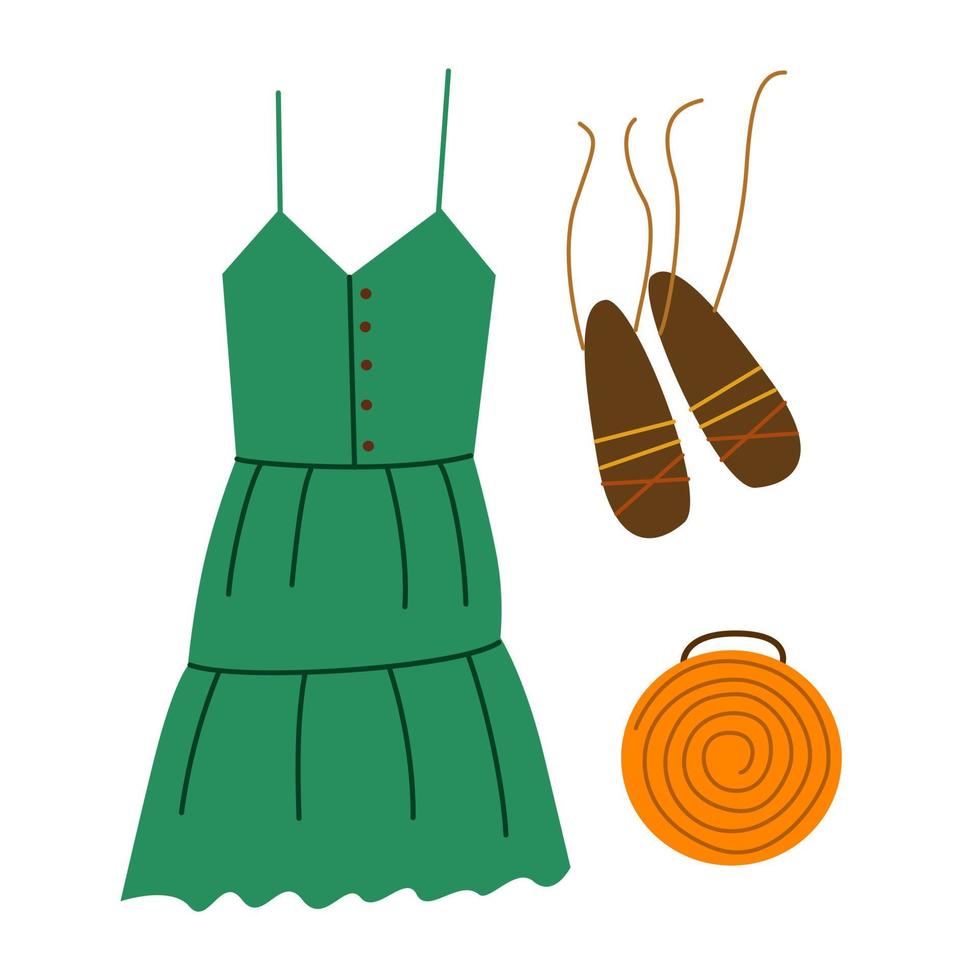 un conjunto de atuendos boho y varios elementos boho. ropa de moda, bolso, vestido, zapatos. ilustración vectorial en un estilo plano vector