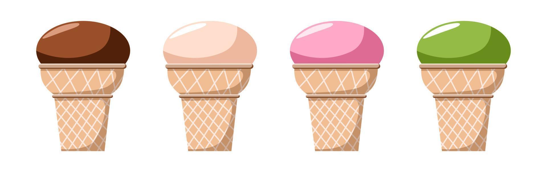 A set of delicious ice cream. Sweet summer treat with different flavors, ready-made ice cream with different fillings in a waffle cup. vector