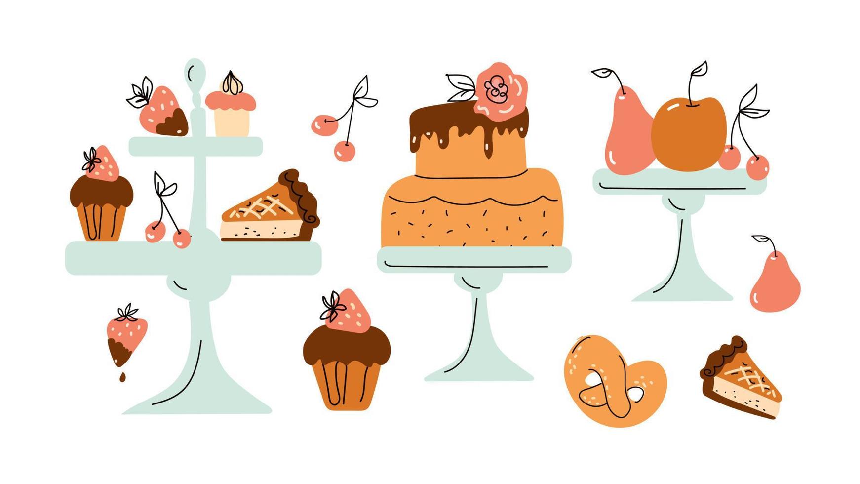 Afternoon tea set with cakes. vector