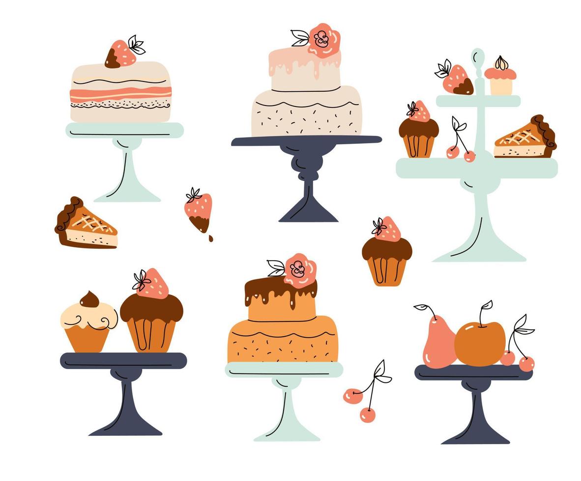 Afternoon tea Stand set with cakes, coffee house icons of desserts. vector