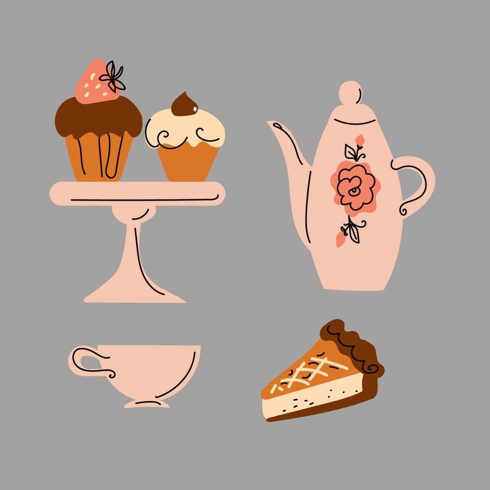 puesto de té de la tarde con pasteles, íconos de cafetería de postres. vector