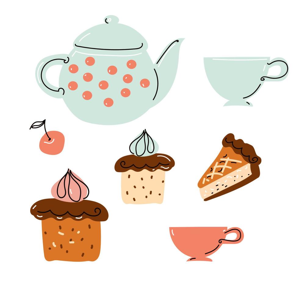 puesto de té de la tarde con pasteles, íconos de cafetería de postres. vector