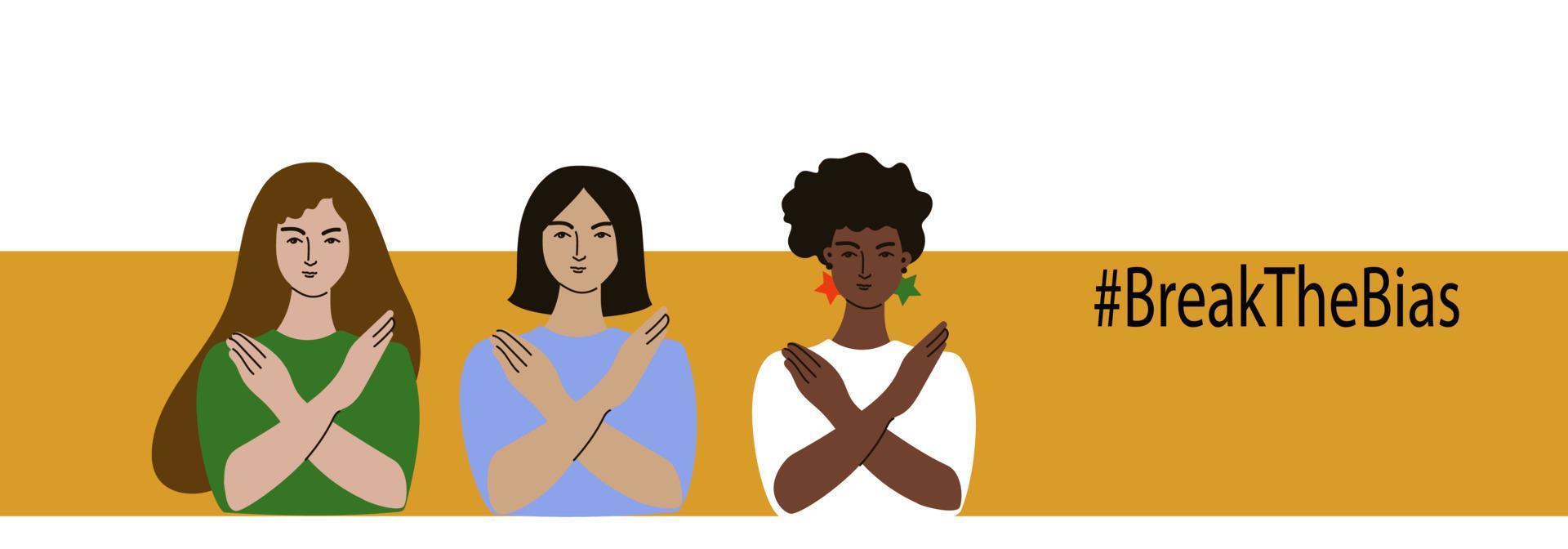 Break the bias. Women's Movement against discrimination.Womens day. Vector horizontal banner.