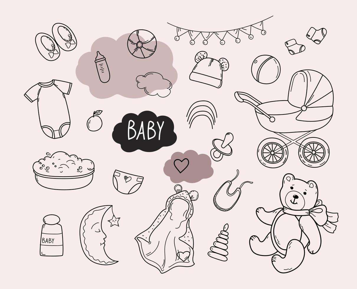 Set of hand drawn baby boy and girl. Cartoon sketch style chalk doodle for icon, banner. vector