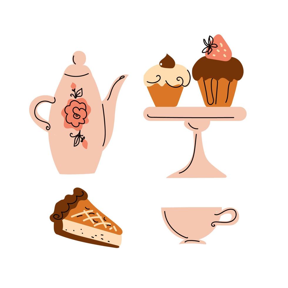 puesto de té de la tarde con pasteles, íconos de cafetería de postres. vector