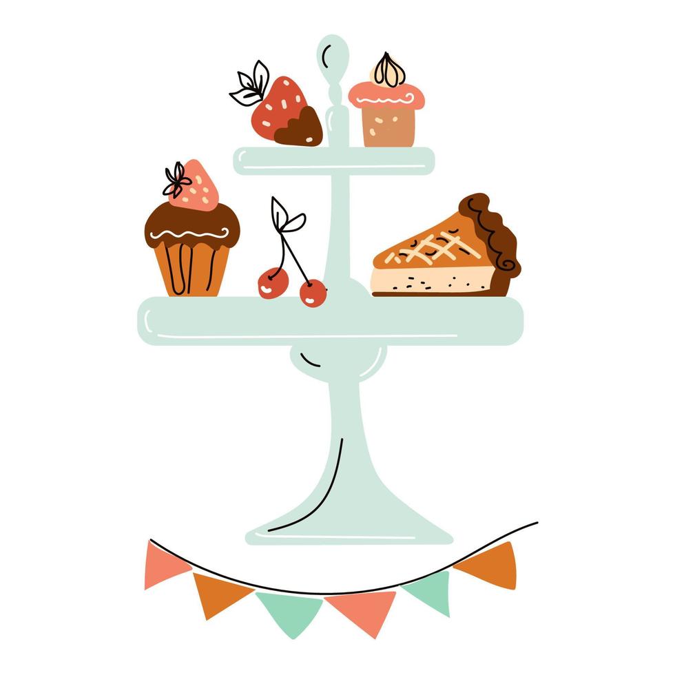 Afternoon tea Stand set with cakes, coffee house icons of desserts. vector