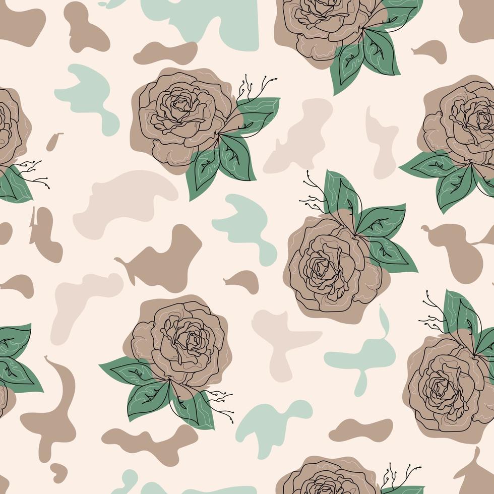 Rose continuous line seamless pattern, outline sketch style vector abstract art.