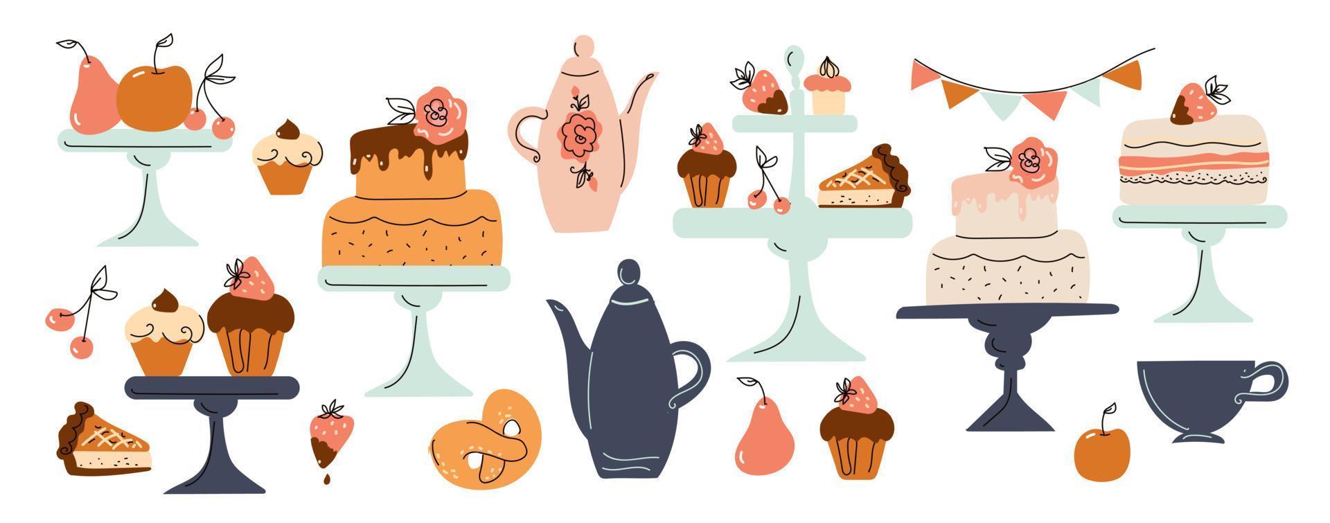 Afternoon tea set with cakes. Birthday Cake and dessert in cake stands, cartoon doodle hand drawn style vector art.