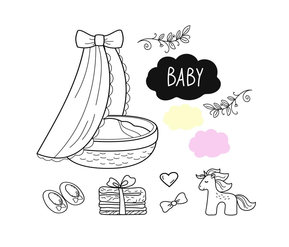 Set of hand drawn baby . Cartoon sketch style doodle for icon, banner. Elements little baby clothes. vector