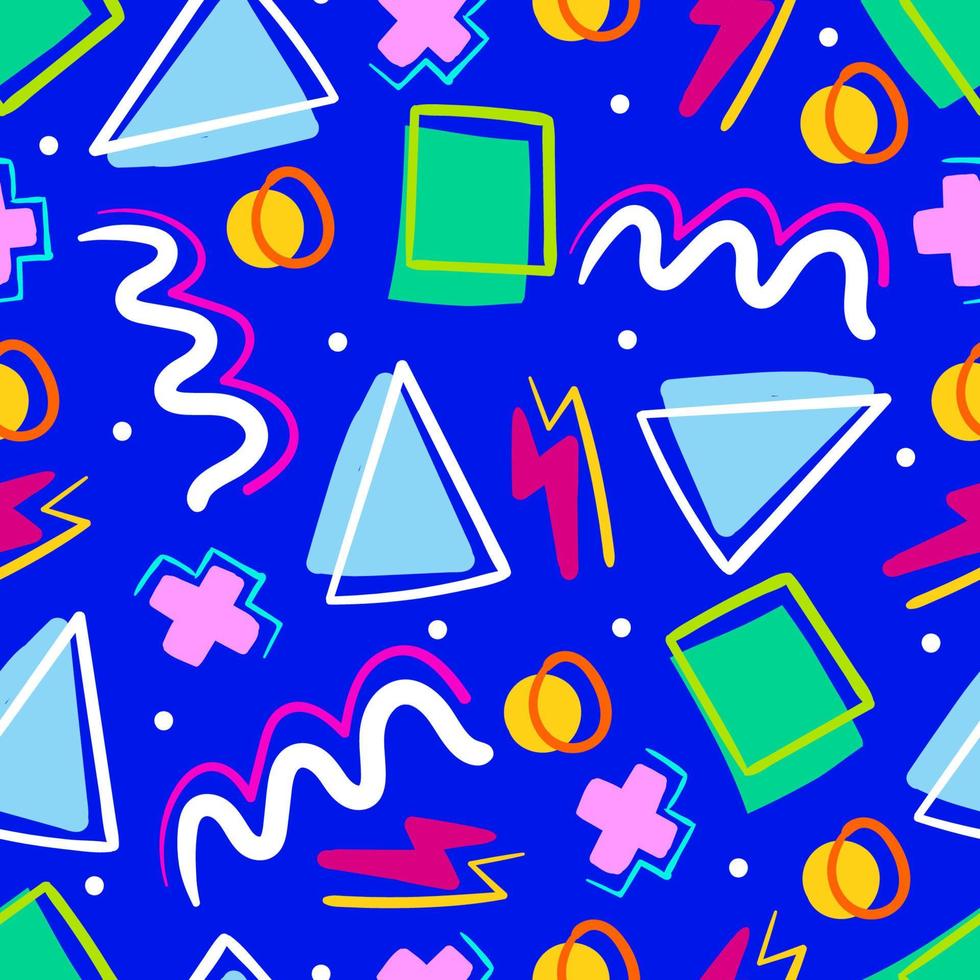 90s nostalgia seamless pattern in memphis style on blue background. vector