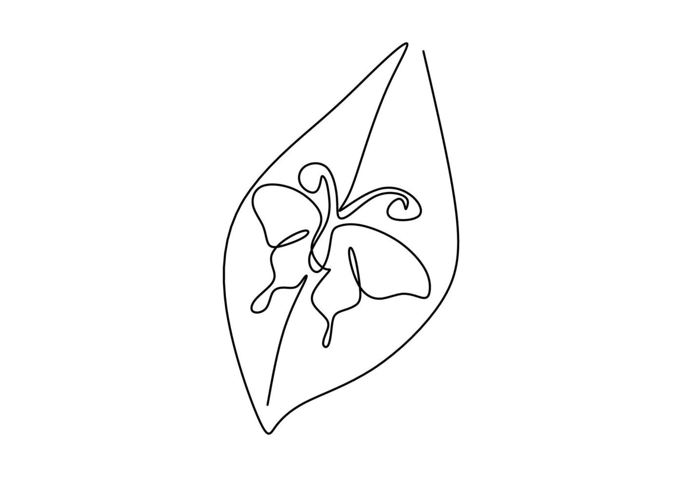 One continuous single line of butterfly on leaf on white background. vector