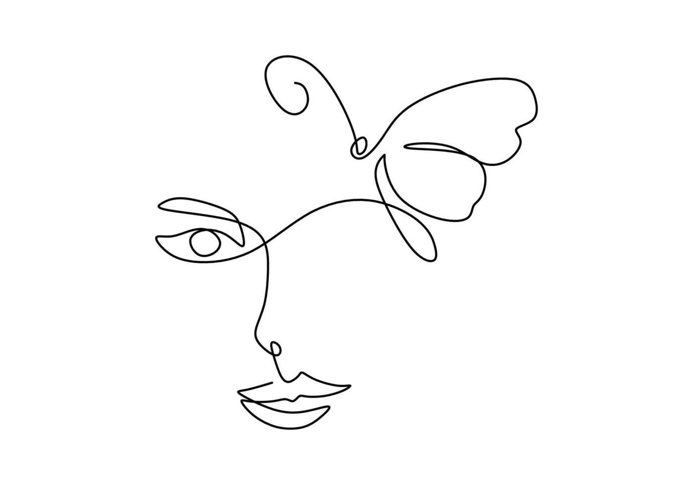 una sola línea continua de mujer abstracta y mariposa vector