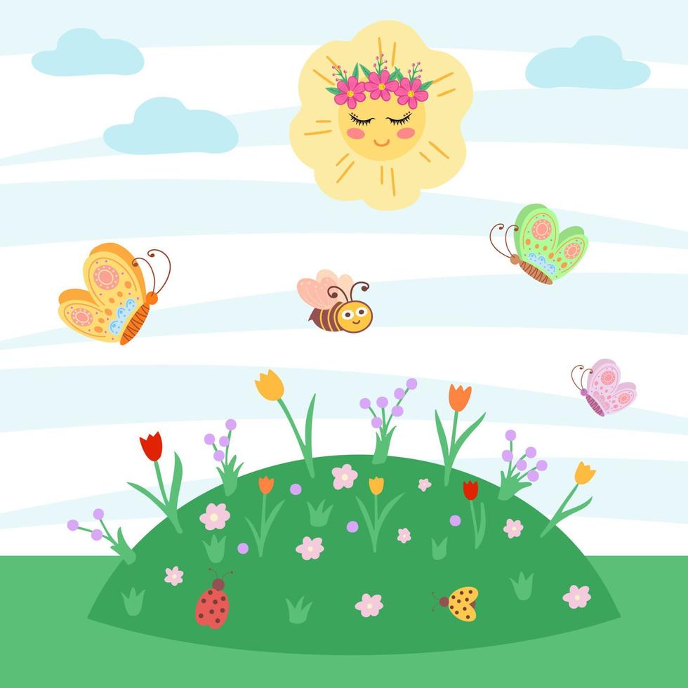 paisaje de verano, prado con flores y sol. ilustración para impresión, fondos, cubiertas, empaques, tarjetas de felicitación, carteles, pegatinas, textiles y diseño de temporada. vector