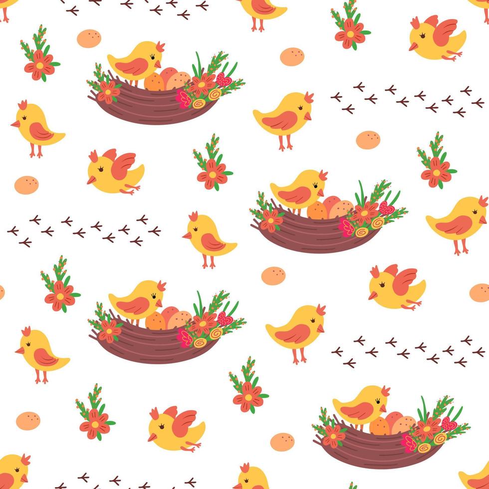 Cute birds and nest seamless pattern. Illustration for printing, backgrounds, covers, packaging, greeting cards, posters, stickers, textile and seasonal design. Isolated on white background. vector