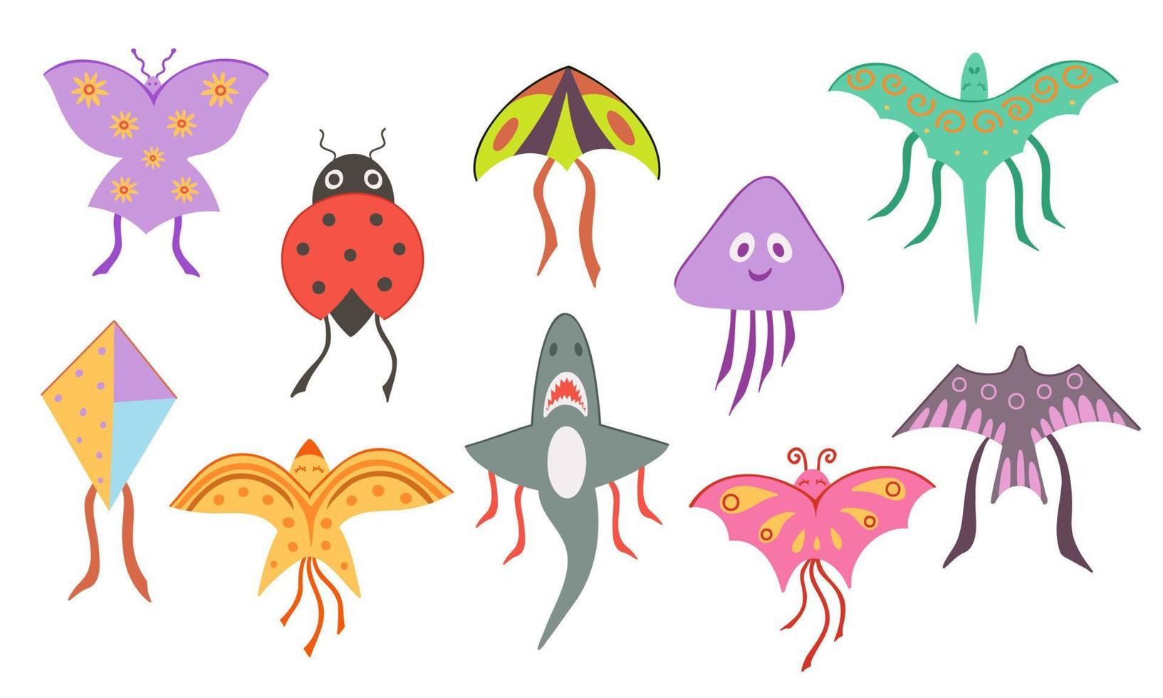Kites set, summer flying toy for kids in shape butterfly, ladybug, shark, dragon, bird. Illustration for backgrounds, greeting cards, posters and seasonal design. Isolated on white background. vector