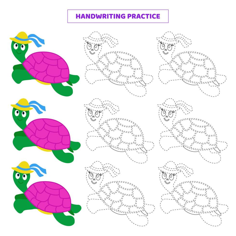 práctica de escritura a mano para niños con tortuga de dibujos animados. vector