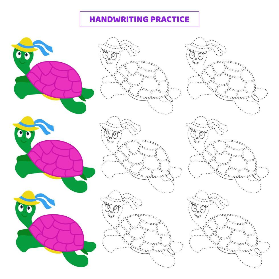 Handwriting practice for kids with cartoon turtle. vector