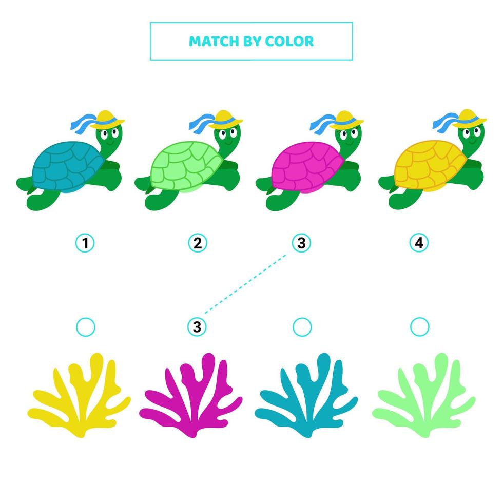 combina la linda tortuga de dibujos animados y el coral por color. vector