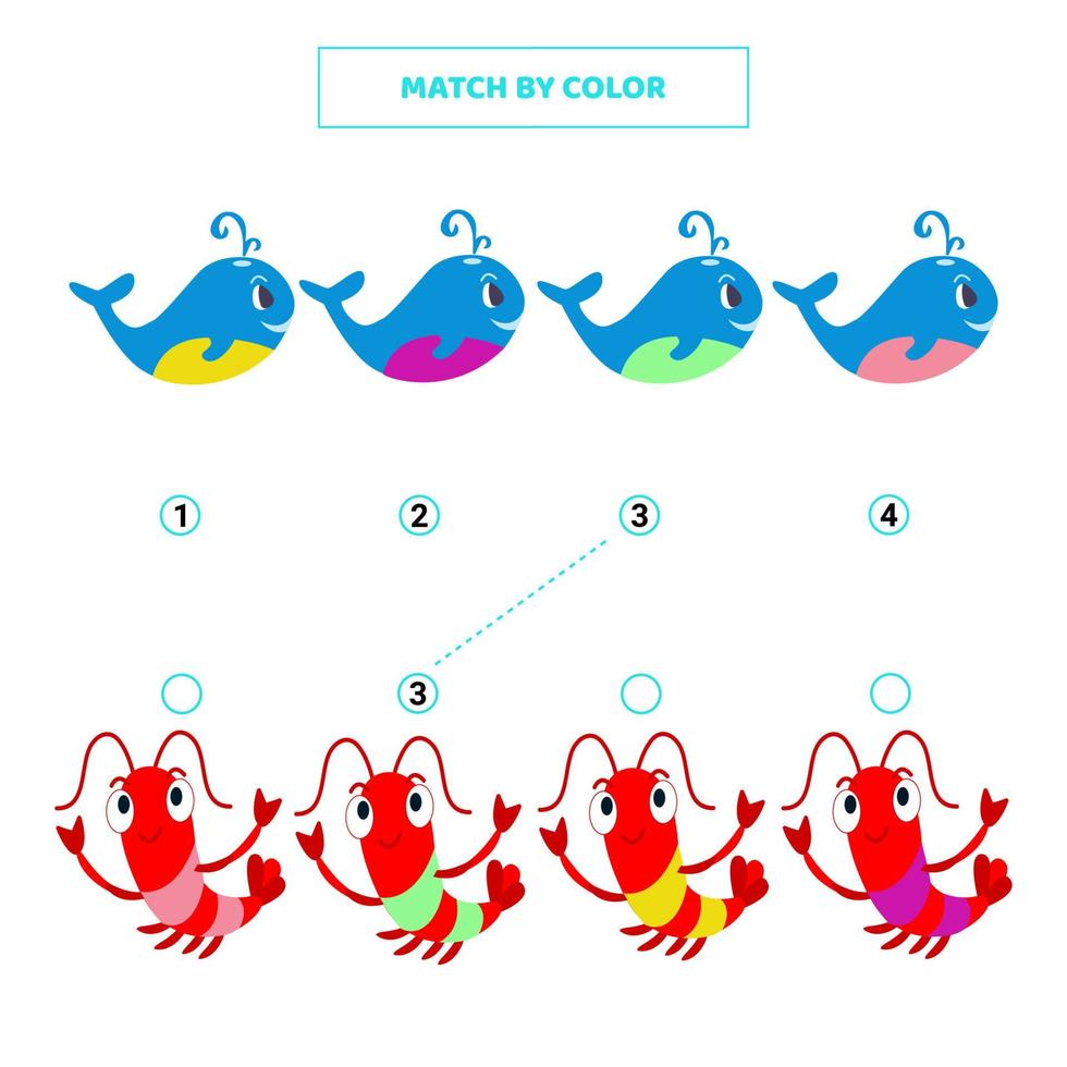 Match cute cartoon whale and shrimp by color. vector