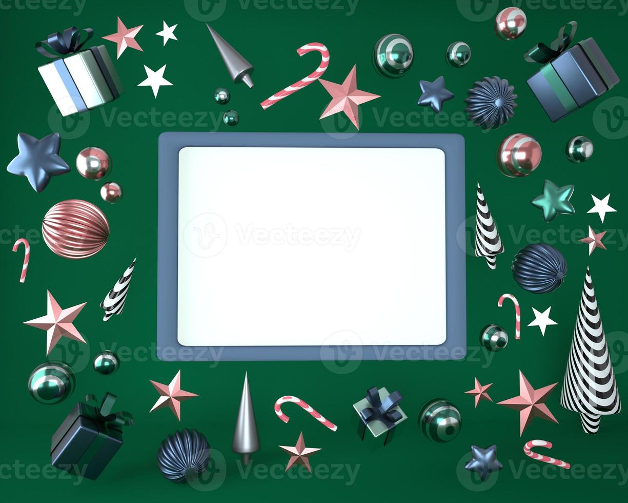 Christmas frame made of festive decorations, gift boxes. Christmas background. 3d rendering. photo