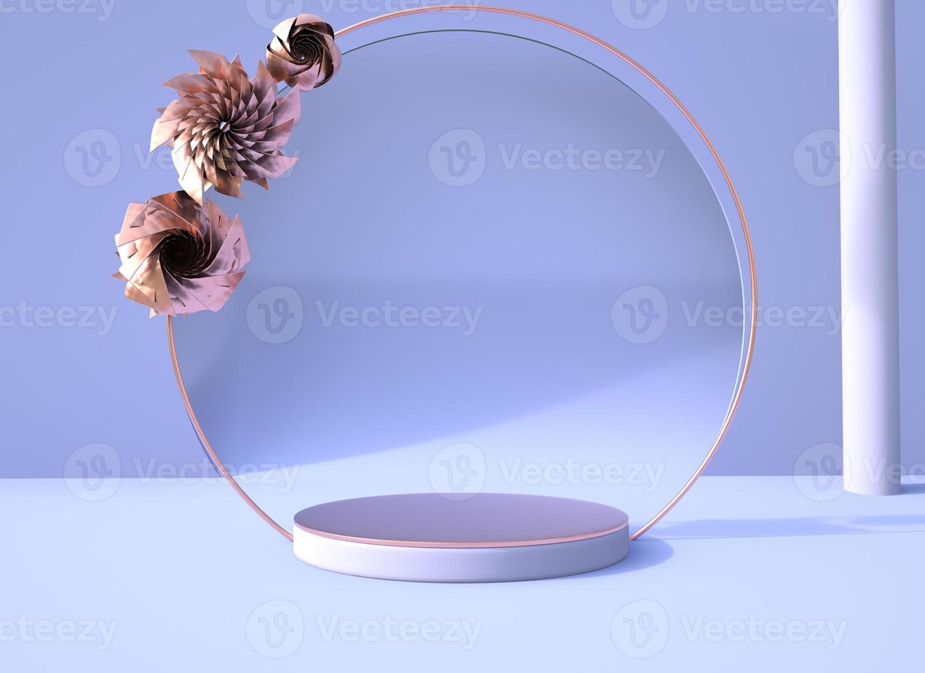 Fondo de representación 3D con flor color de rosa y podio de forma geométrica para exhibición de productos, concepto mínimo. foto