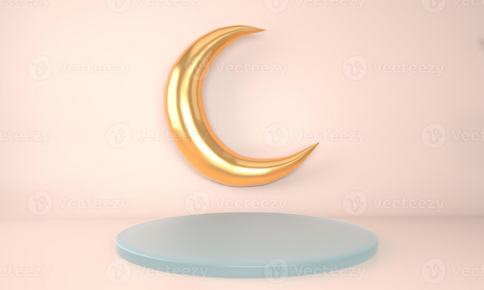 Ramadan Kareem greeting template with moon. Podium, stand on holiday light background for advertising products - 3d render illustration for cards, greetings. photo