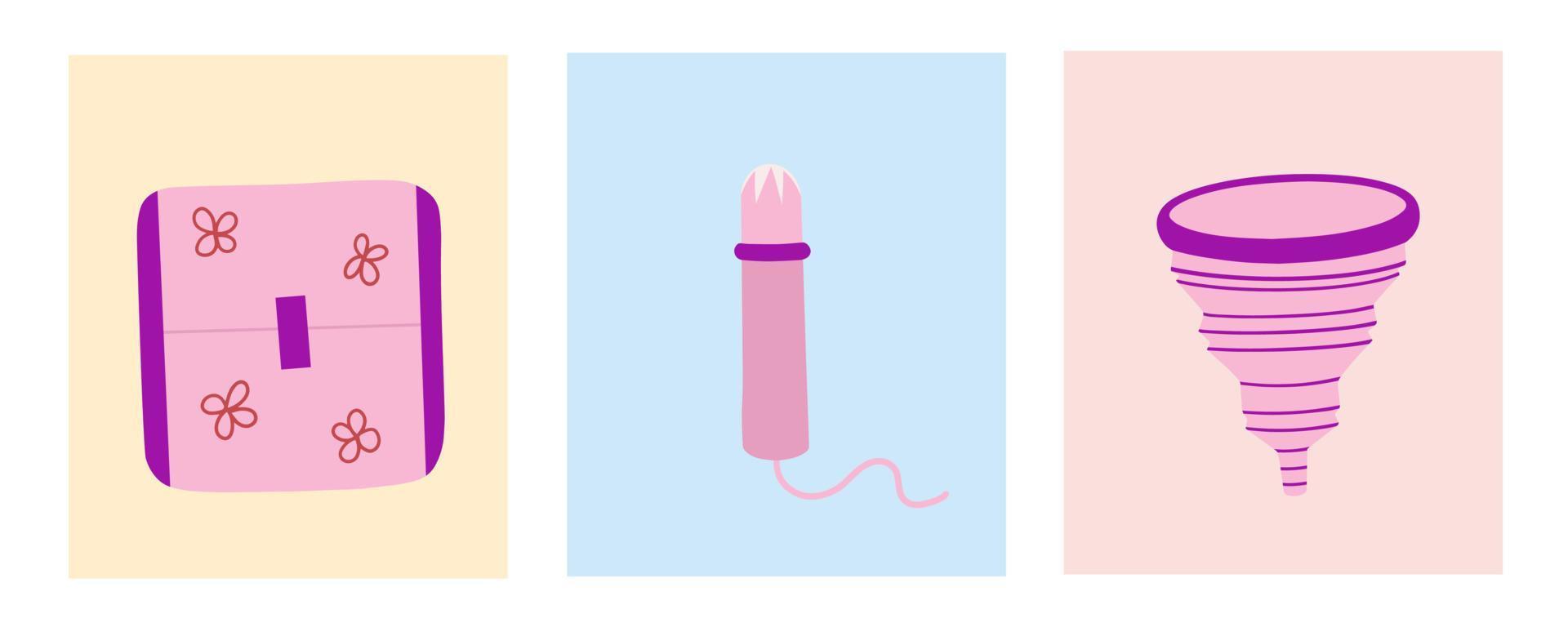 Menstrual period, feminine hygiene products. Set of hand drawn images, menstrual cups, tampon and pads. Women's health. Illustration for backgrounds, greeting card, posters and seasonal design. vector