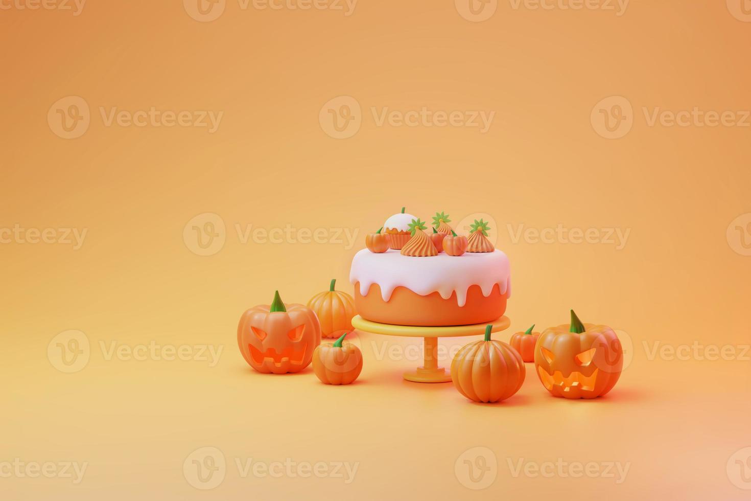 Halloween cake and white icing with cute pumpkin and cupcake element decoration 3d illustration photo