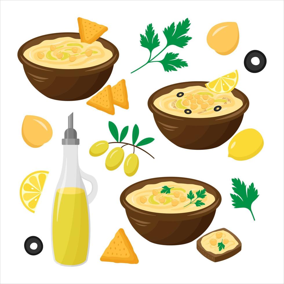 Vector set of hummus plate with chickpea, olive oil, parsley, chips, lemon. National food of Israel. International Hummus Day.