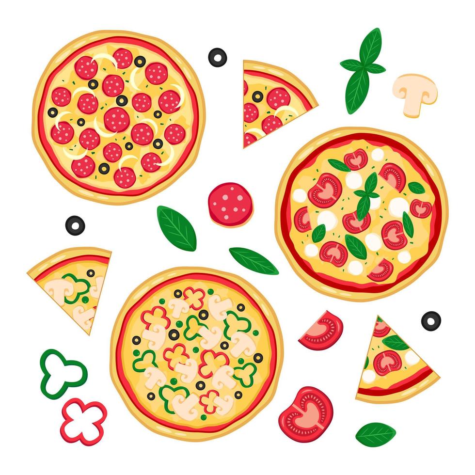 colección de pizza fresca con rebanadas e ingredientes. vector conjunto aislado sobre fondo blanco.