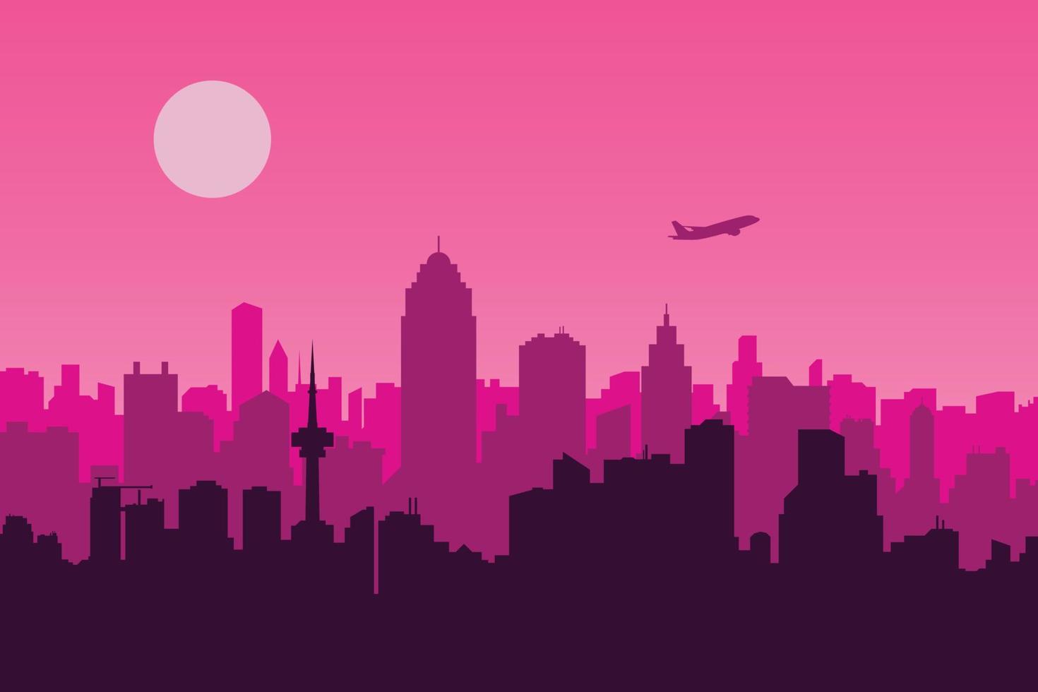 Vector illustration of an urban scene with a pink background, a metropolis, and an airplane silhouette