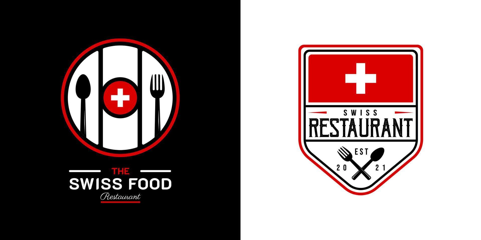 logotipo del restaurante de comida suiza. símbolo de la bandera suiza con iconos de cuchara, tenedor y cuchillo. logotipo premium y de lujo vector